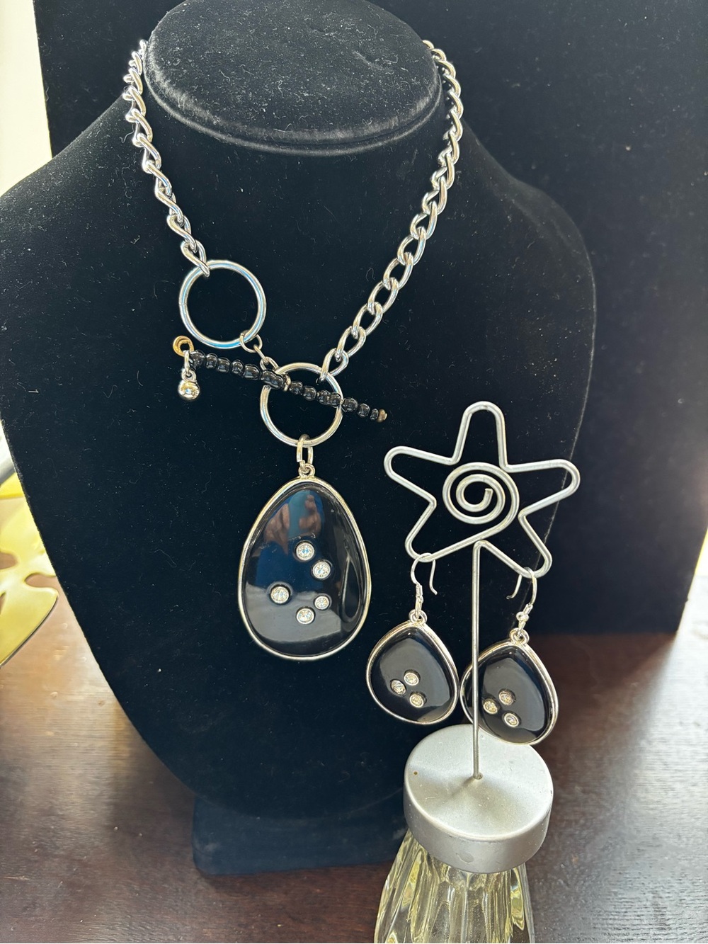 Choker! Black & Rhinestones Teardrop Pendant Necklace and Sterling Ear wires